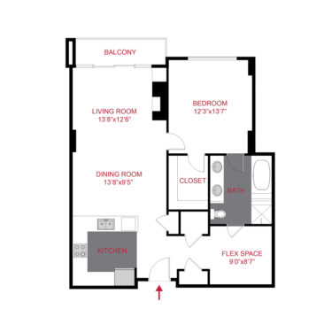 Rendering of the Bayaud floor plan with 1 bedroom[s] and 1 bathroom[s] at The Seasons at Cherry Creek - Cedar