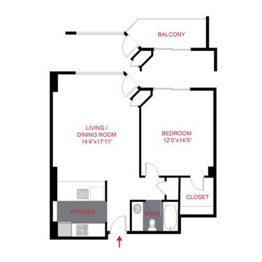 Rendering of the Belford floor plan with 1 bedroom[s] and 1 bathroom[s] at The Seasons at Cherry Creek - Aspen & Birch