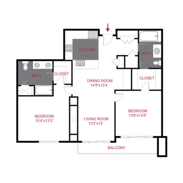 Rendering of the Filmore floor plan with 2 bedroom[s] and 2 bathroom[s] at The Seasons at Cherry Creek - Cedar