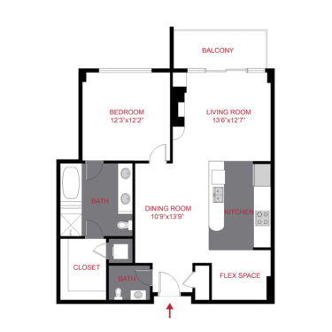 Rendering of the 1st Ave floor plan with 1 bedroom[s] and 1.5 bathroom[s] at The Seasons at Cherry Creek - Cedar
