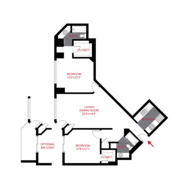 Rendering of the Evans floor plan with 2 bedroom[s] and 2 bathroom[s] at The Seasons at Cherry Creek - Aspen & Birch