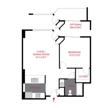Rendering of the Crestone floor plan with 1 bedroom[s] and 1 bathroom[s] at The Seasons at Cherry Creek - Aspen & Birch
