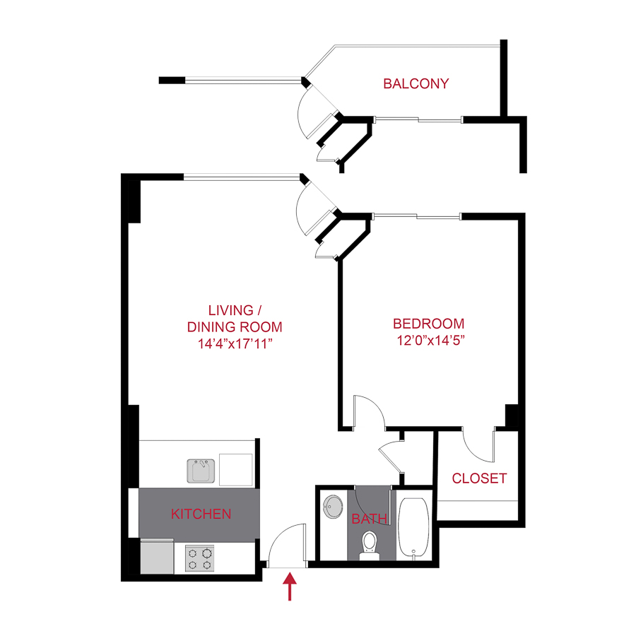 Rendering of the Belford floor plan with 1 bedroom[s] and 1 bathroom[s] at The Seasons of Cherry Creek (Aspen/Birch)
