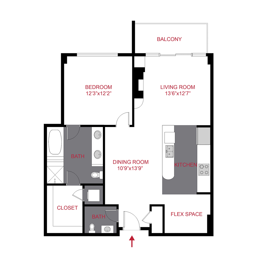 Rendering of the 1st Ave floor plan with 1 bedroom[s] and 1.5 bathroom[s] at The Seasons at Cherry Creek