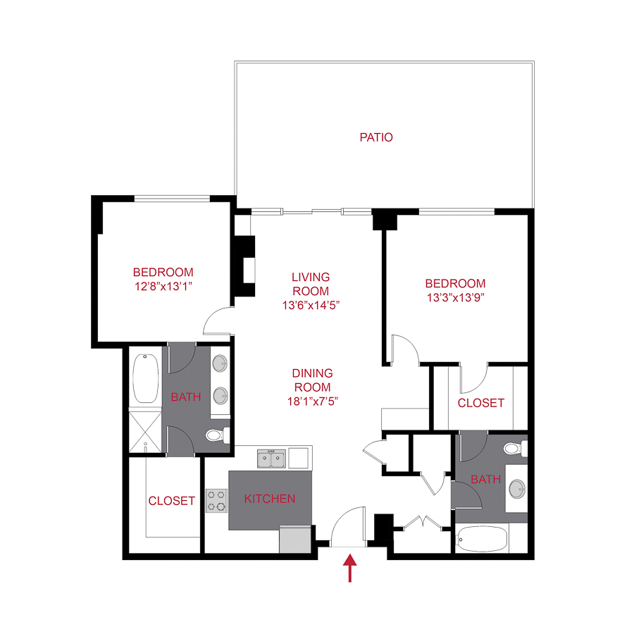 Rendering of the Ash floor plan with 2 bedroom[s] and 2 bathroom[s] at The Seasons at Cherry Creek