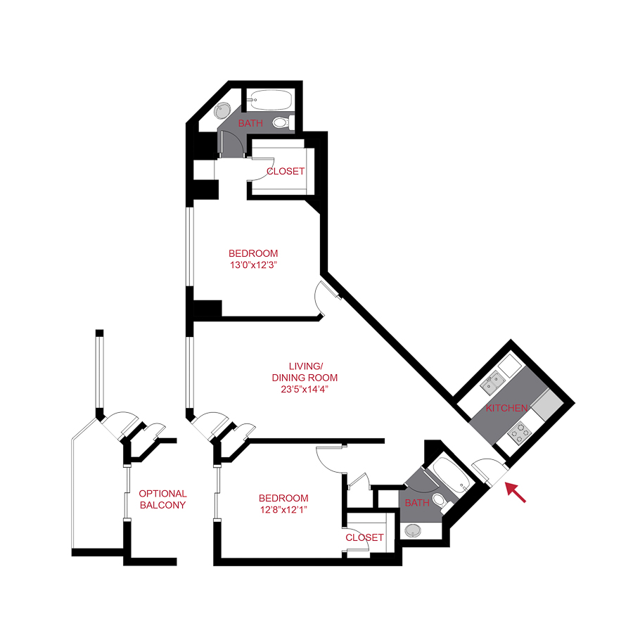 Rendering of the Evans floor plan with 2 bedroom[s] and 2 bathroom[s] at The Seasons at Cherry Creek