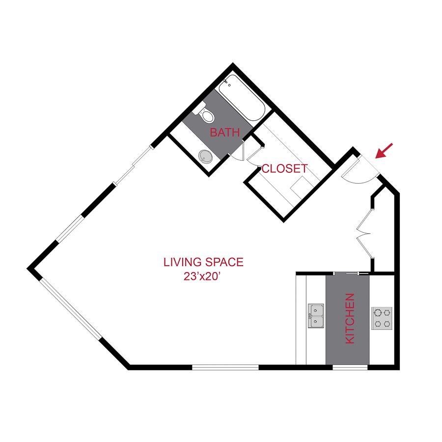 Rendering of the Grays floor plan with a Studio bedroom and 1 bathroom[s] at The Seasons of Cherry Creek (Aspen/Birch)