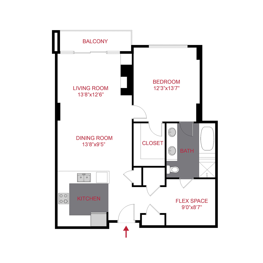Rendering of the Bayaud floor plan with 1 bedroom[s] and 1 bathroom[s] at The Seasons at Cherry Creek