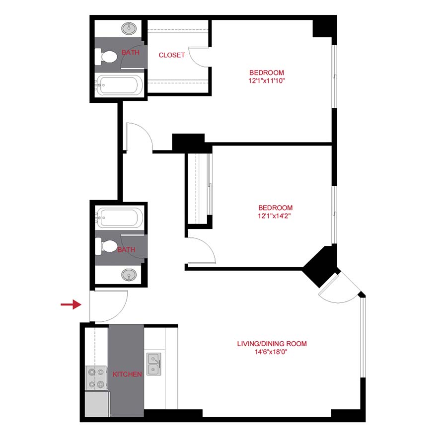 Rendering of the Harvard floor plan with 2 bedroom[s] and 2 bathroom[s] at The Seasons at Cherry Creek