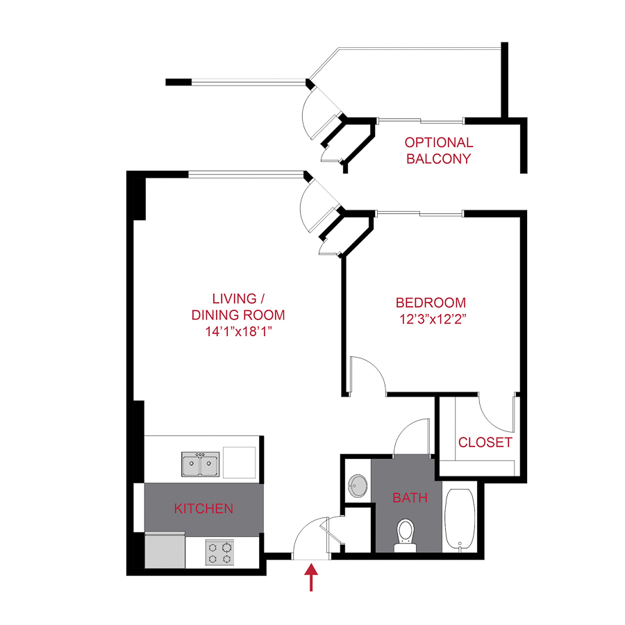 Rendering of the Crestone floor plan with 1 bedroom[s] and 1 bathroom[s] at The Seasons of Cherry Creek (Aspen/Birch)
