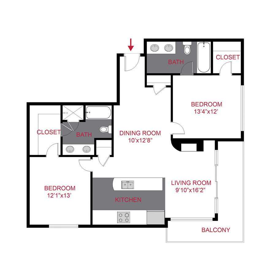 Rendering of the Ellsworth floor plan with 2 bedroom[s] and 2 bathroom[s] at The Seasons at Cherry Creek