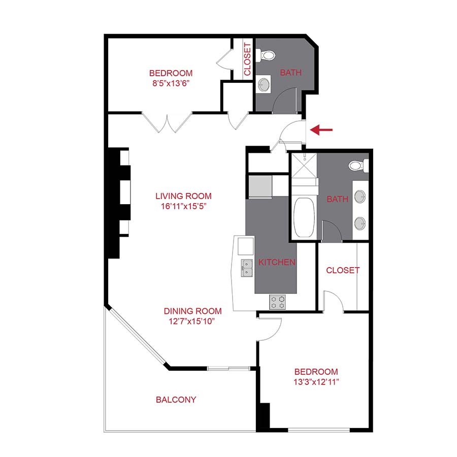 Rendering of the Cedar floor plan with 1 bedroom[s] and 1.5 bathroom[s] at The Seasons at Cherry Creek