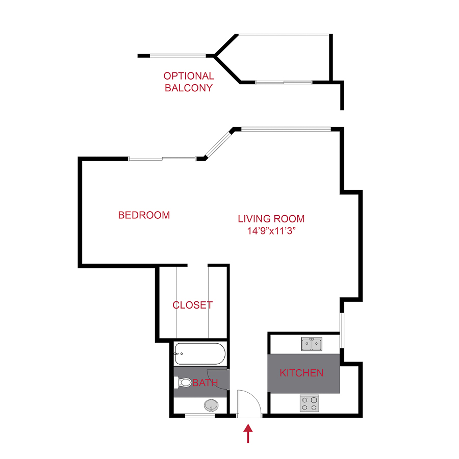 Rendering of the Antero floor plan with a Studio bedroom and 1 bathroom[s] at The Seasons at Cherry Creek