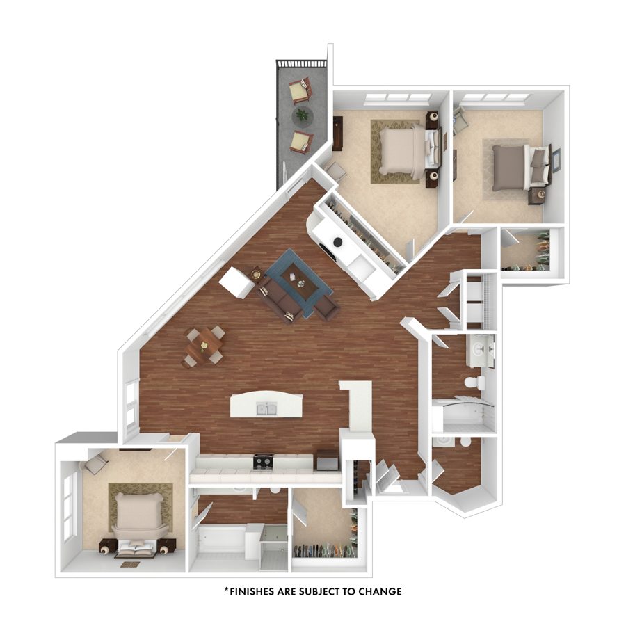 Rendering of the Belair floor plan with 3 bedroom[s] and 2.5 bathroom[s] at The Seasons at Cherry Creek