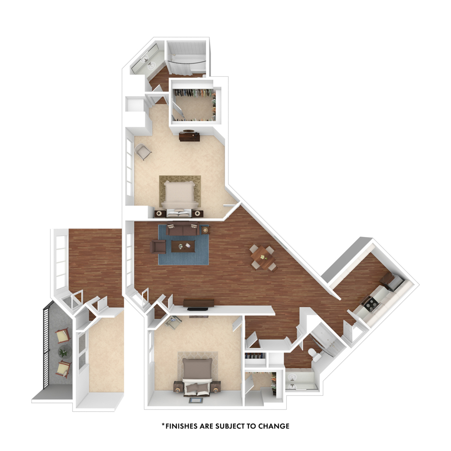 Rendering of the Evans floor plan with 2 bedroom[s] and 2 bathroom[s] at The Seasons at Cherry Creek