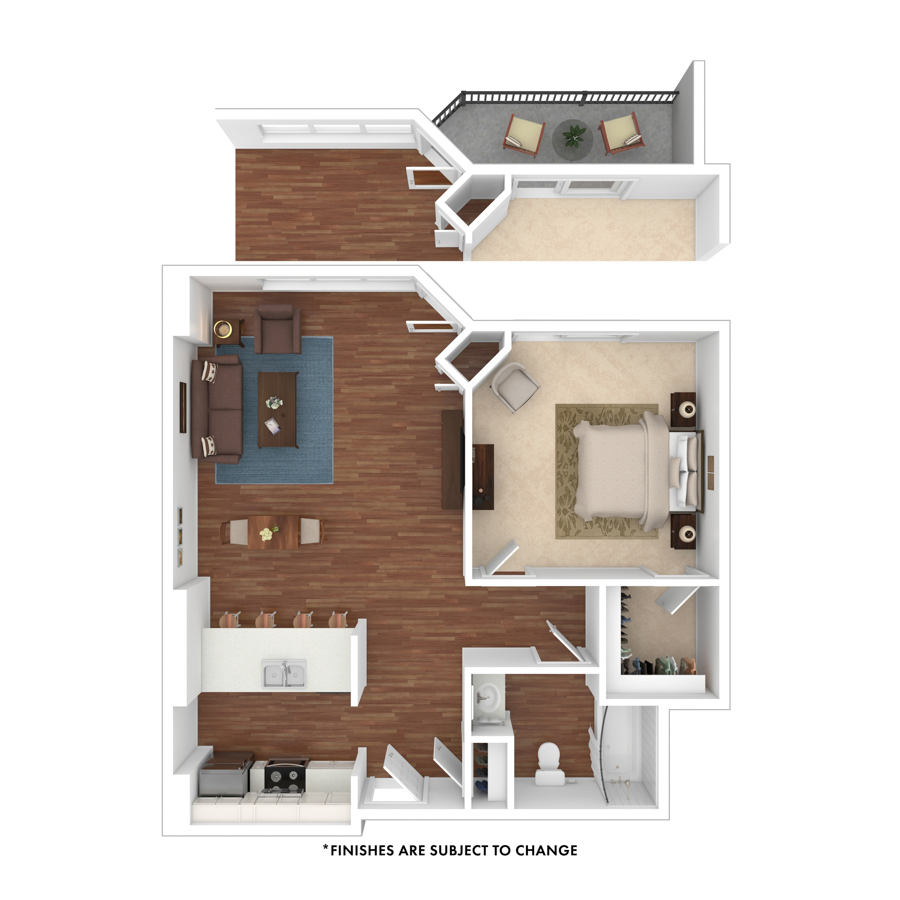 Rendering of the Crestone floor plan with 1 bedroom[s] and 1 bathroom[s] at The Seasons at Cherry Creek