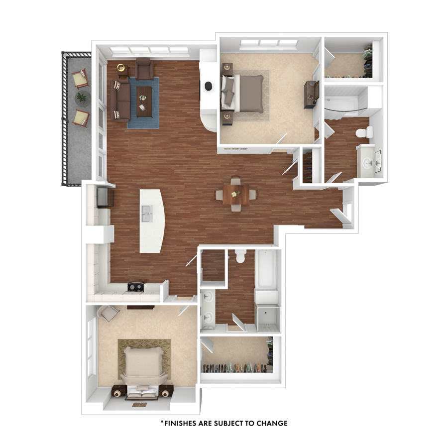 Rendering of the Birch floor plan with 2 bedroom[s] and 2 bathroom[s] at The Seasons at Cherry Creek