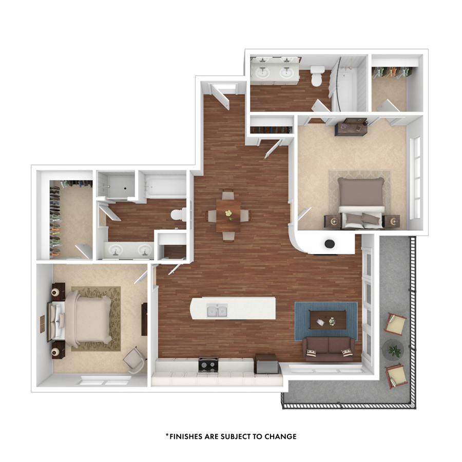 Rendering of the Ellsworth floor plan with 2 bedroom[s] and 2 bathroom[s] at The Seasons at Cherry Creek