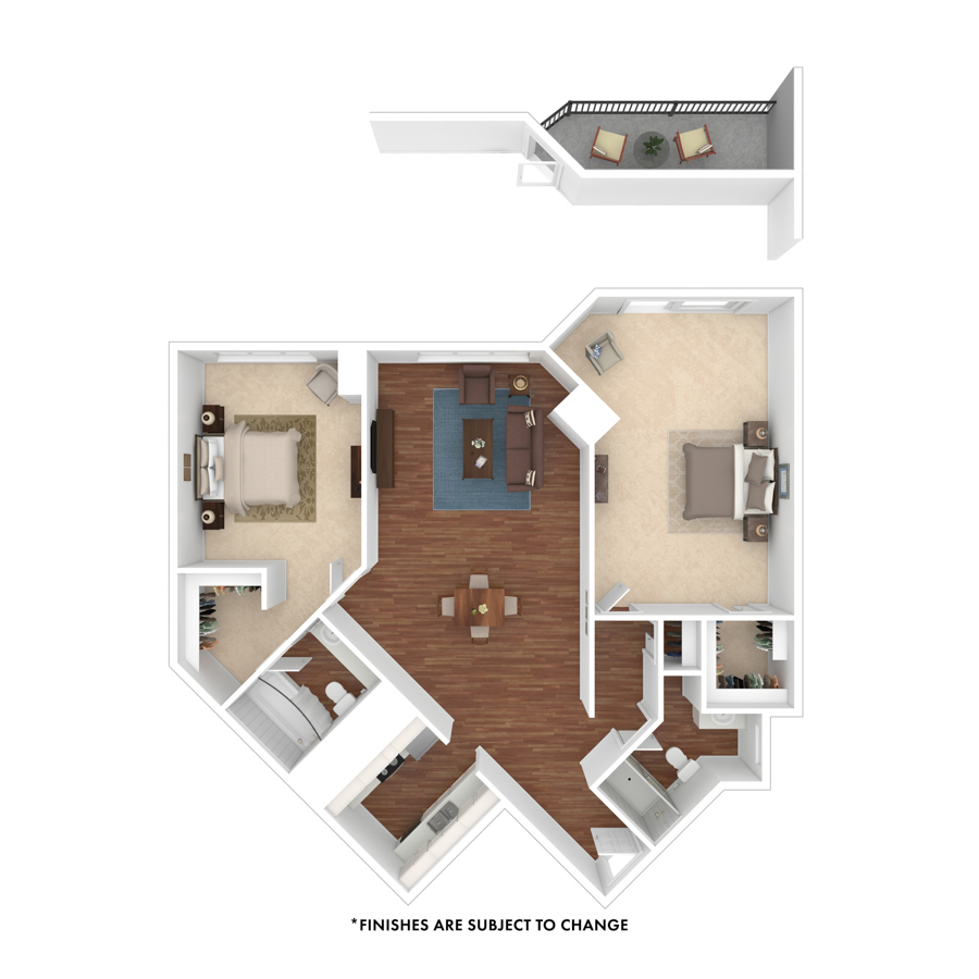 Rendering of the Flagstaff floor plan with 2 bedroom[s] and 2 bathroom[s] at The Seasons at Cherry Creek