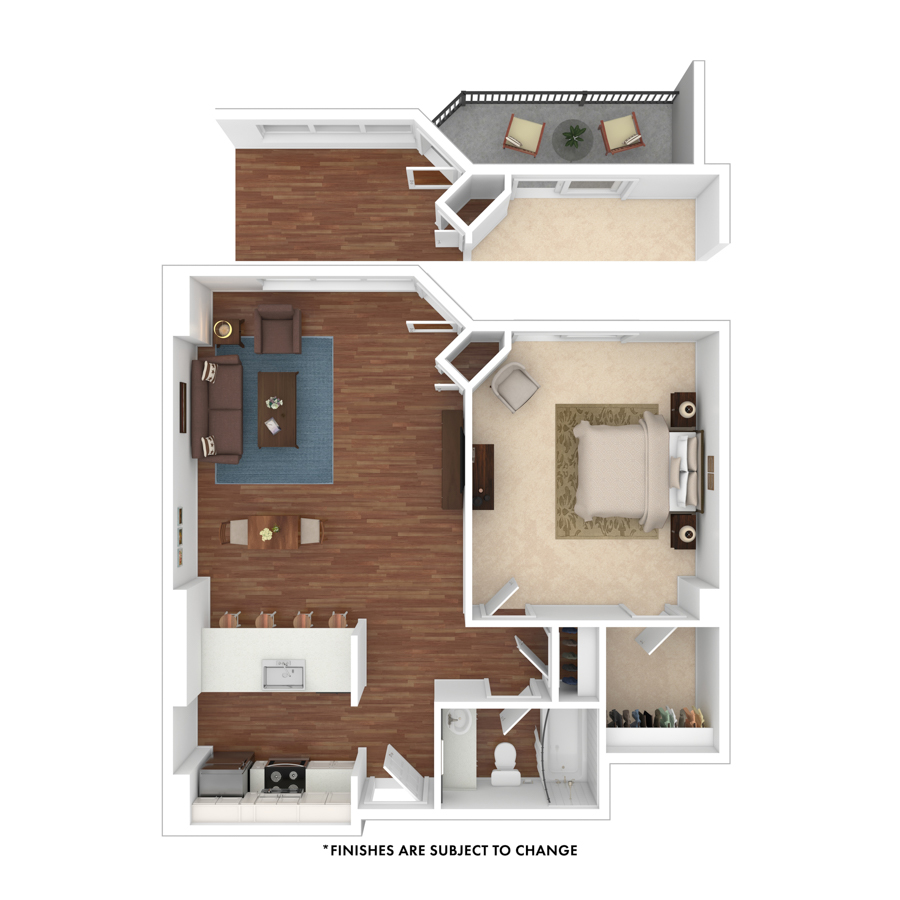 Rendering of the Belford floor plan with 1 bedroom[s] and 1 bathroom[s] at The Seasons at Cherry Creek