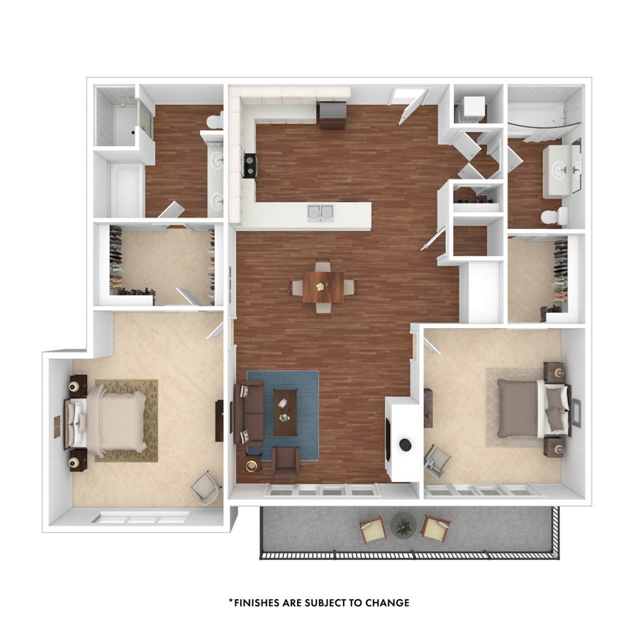Rendering of the Cook floor plan with 2 bedroom[s] and 2 bathroom[s] at The Seasons at Cherry Creek