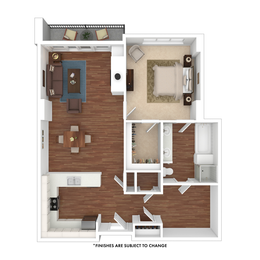 Rendering of the Bayaud floor plan with 1 bedroom[s] and 1 bathroom[s] at The Seasons at Cherry Creek