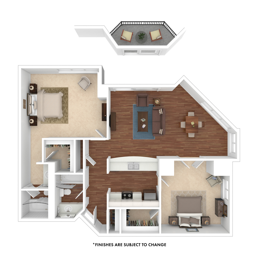 Rendering of the Diamond floor plan with 2 bedroom[s] and 2 bathroom[s] at The Seasons at Cherry Creek