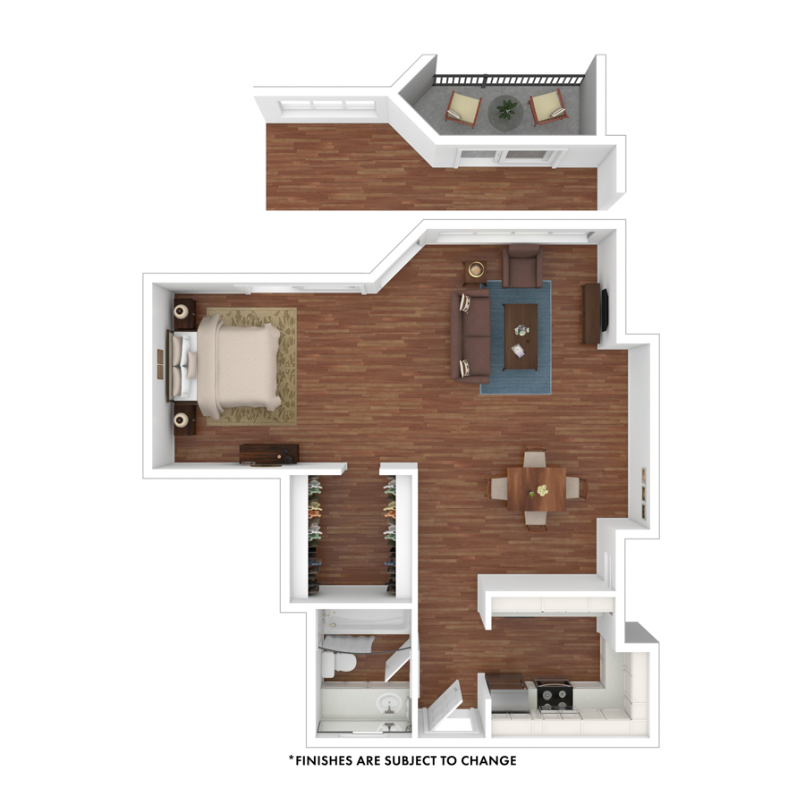 Rendering of the Antero floor plan with a Studio bedroom and 1 bathroom[s] at The Seasons at Cherry Creek