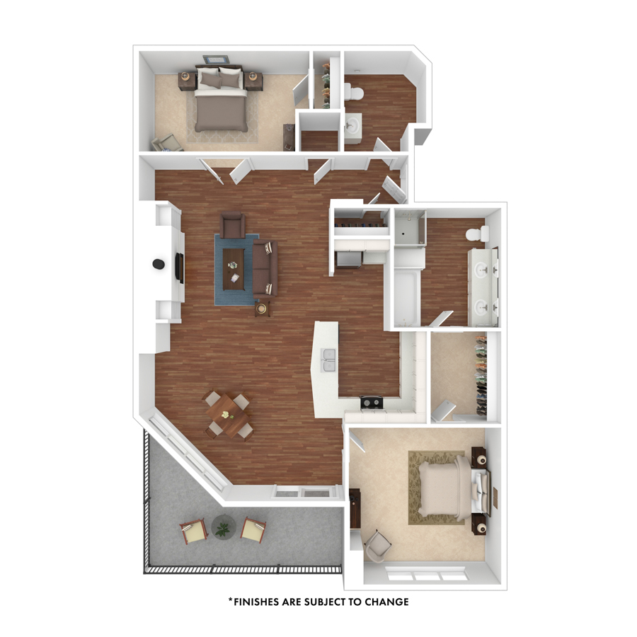 Rendering of the Cedar floor plan with 1 bedroom[s] and 1.5 bathroom[s] at The Seasons at Cherry Creek