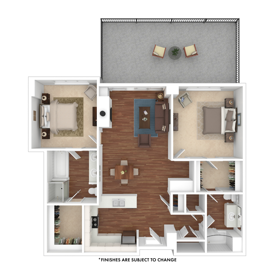 Rendering of the Ash floor plan with 2 bedroom[s] and 2 bathroom[s] at The Seasons at Cherry Creek